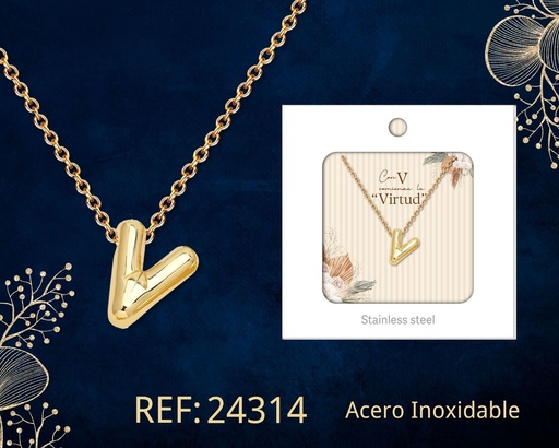 [24314] Collar letra V de acero dorado con caja - Joyería y accesorios