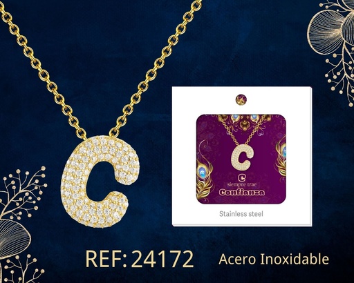 [24172] Collar letra C con circonita de acero color dorado - Joyería y accesorios