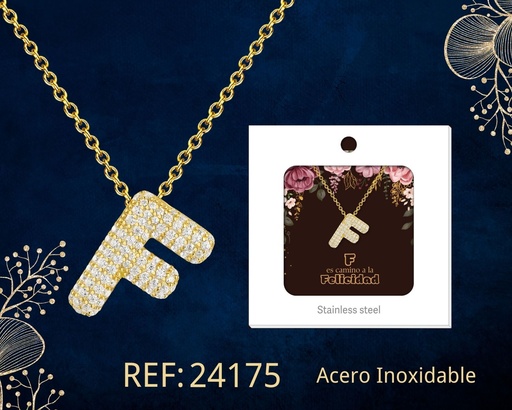 [24175] Collar letra F con circonita de acero color dorado - Joyería y accesorios