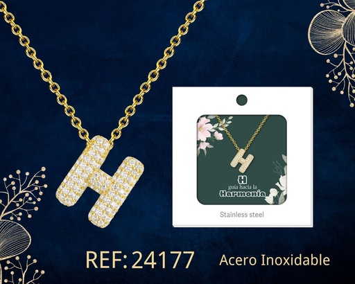 [24177] Collar letra H con circonita de acero color dorado - Joyería y accesorios