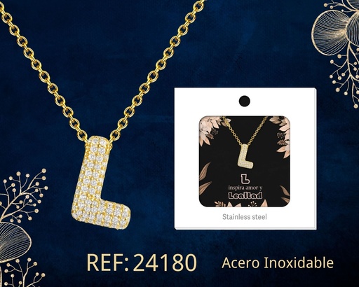 [24180] Collar letra L con circonita de acero color dorado - Joyería y accesorios