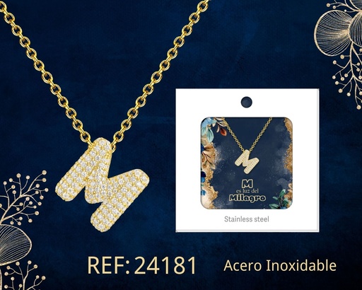 [24181] Collar letra M con circonita de acero color dorado - Joyería y accesorios