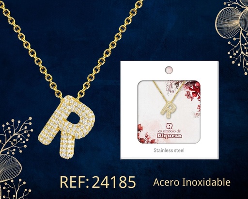 [24185] Collar letra R con circonita de acero color dorado - Joyería y accesorios