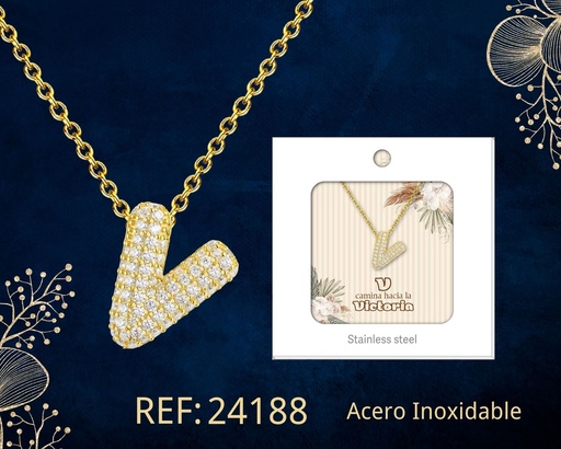[24188] Collar letra V con circonita de acero color dorado - Joyería y accesorios