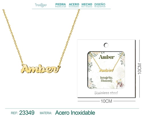 [23349] Collar Personalizado Nombre en Inglés Amber de Acero con Sobre