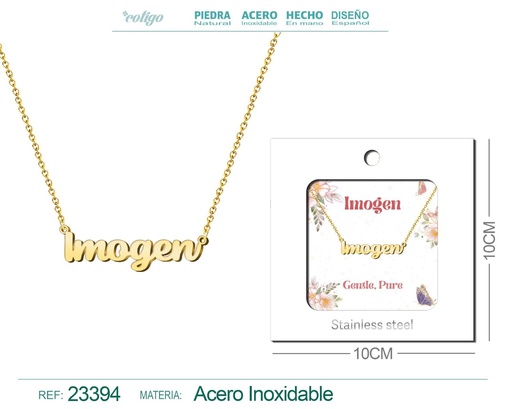 [23394] Collar de acero con nombre "Imogen" en inglés con sobre - Joyería personalizada