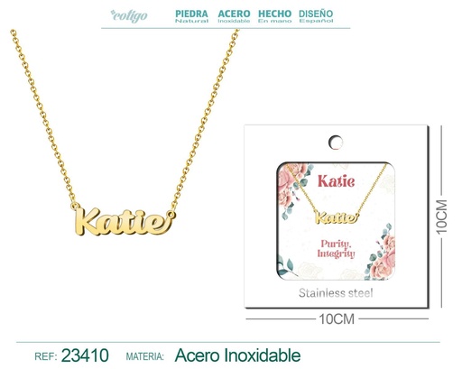 [23410] Collar de acero con nombre "Katie" en inglés con sobre - Joyería personalizada