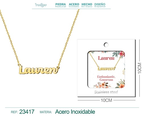 [23417] Collar de acero con nombre "Lauren" en inglés con sobre - Joyería personalizada