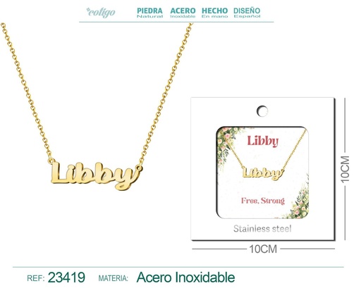 [23419] Collar de acero con nombre "Libby" en inglés con sobre - Joyería personalizada