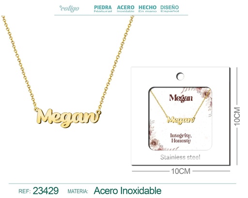 [23429] Collar de acero con nombre "Megan" en inglés con sobre - Joyería personalizada
