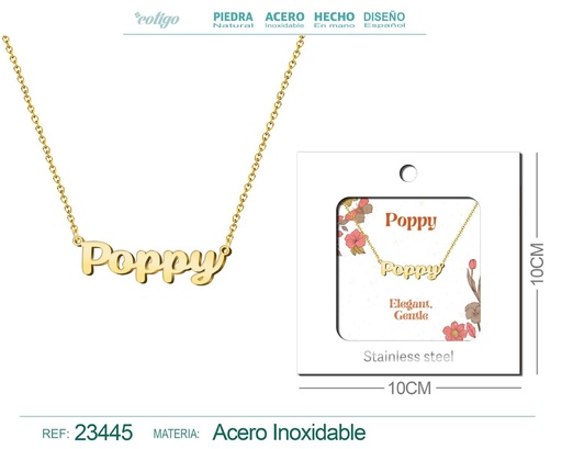 [23445] Collar de acero con nombre "Poppy" en inglés con sobre - Joyería personalizada