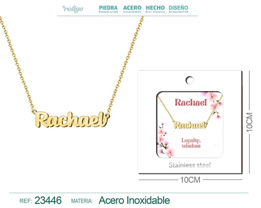 [23446] Collar de acero con nombre "Rachael" en inglés con sobre - Joyería personalizada