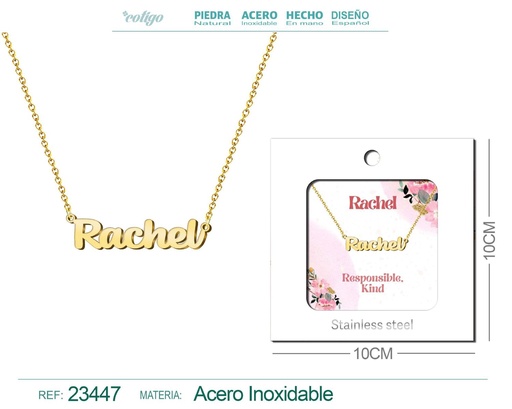 [23447] Collar de acero con nombre "Rachel" en inglés con sobre - Joyería personalizada
