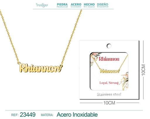 [23449] Collar de acero con nombre "Rhiannon" en inglés con sobre - Joyería personalizada
