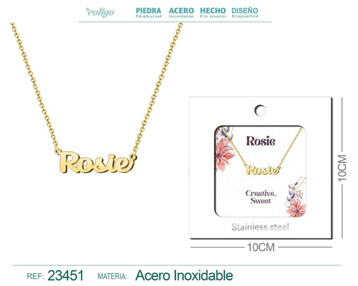 [23451] Collar de acero con nombre "Rosie" en inglés con sobre - Joyería personalizada