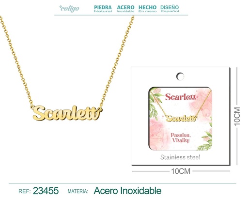 [23455] Collar de acero con nombre "Scarlett" en inglés con sobre - Joyería personalizada