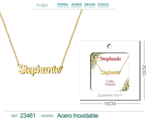[23461] Collar de acero con nombre "Stephanie" en inglés con sobre - Joyería personalizada