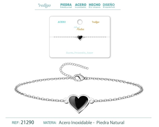 [21290] Pulsera de acero con corazón de ágata negra - Joyería única y elegante