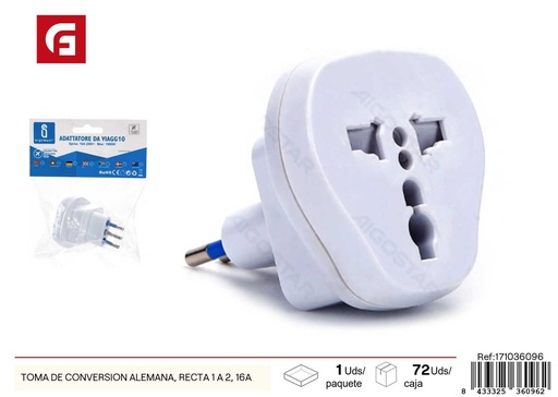 [171036096] Toma de conversión alemana recta 1 a 2, 16A - Adaptadores de enchufe y accesorios eléctricos