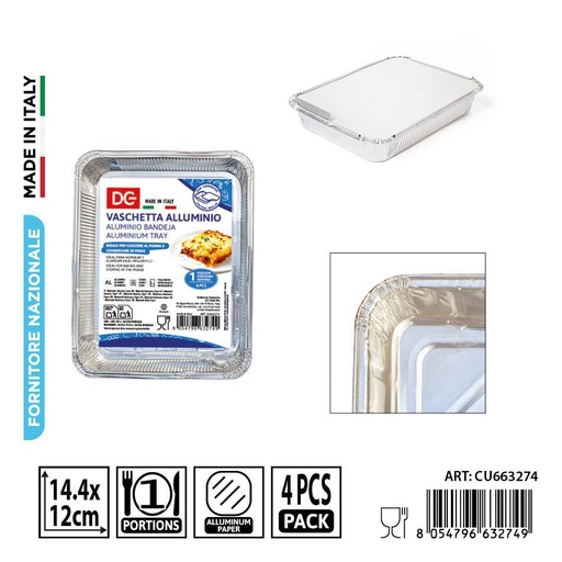 [0242027] Bandeja de aluminio con tapa 1 porción 4 piezas - Accesorios de cocina y desechables