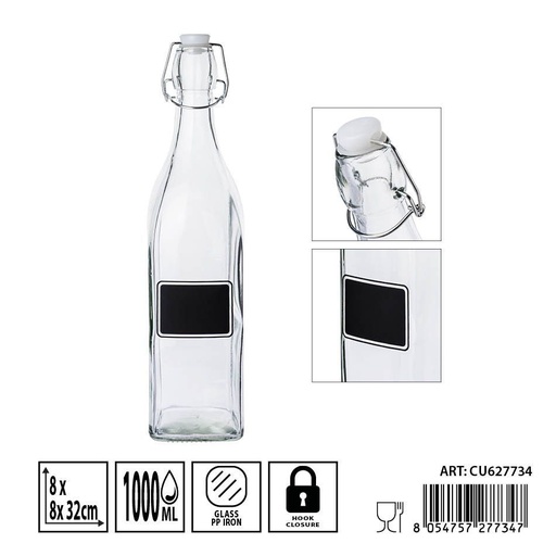 [0236297] Botella de cristal 8x8x32 cm 1000 ml - Botellas de vidrio para líquidos