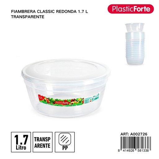 [A002726] Fiambreera clásica redonda 1,7 L transparente - Envase para comidas y almacenamiento
