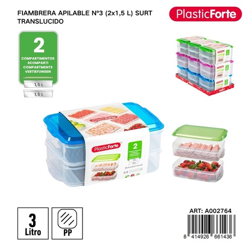 [A002764] Set de fiambreeras apilables nº3 (2x1,5 L) surtido translúcido - Envases para llevar comida