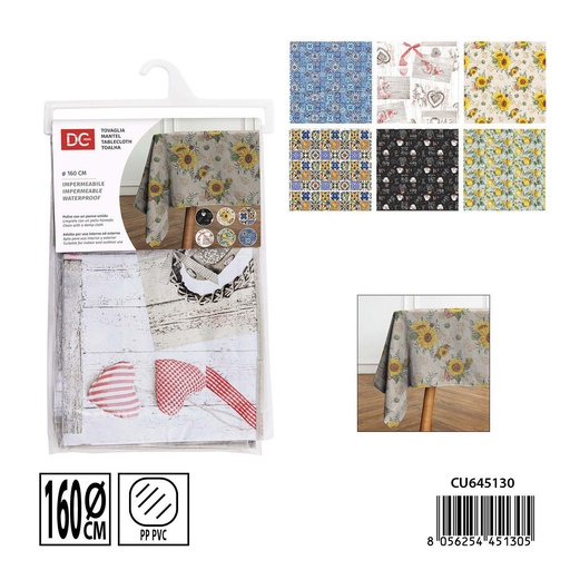 [0238604] Mantel plastificado redondo 160 cm - Protector de mesa fácil de limpiar