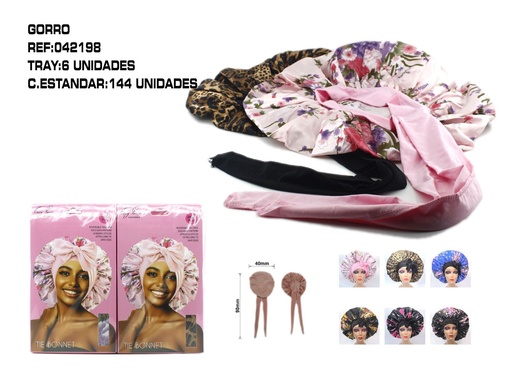 [042198] Gorro de satén estampado con cinta 12/U - Accesorios de belleza y tratamiento capilar