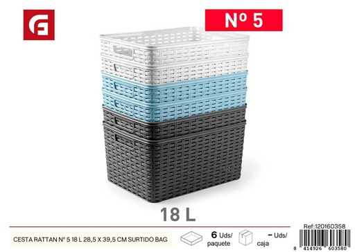 [120160358] Cesta de mimbre de número 5, capacidad 18 L en color surtido, tamaño 28.5 x 39.5 cm - Accesorios de cocina