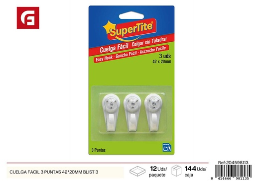 [204598113] Cuelga fácil 3 puntas 42x20 mm en blister - Ganchos sin clavos para decoración