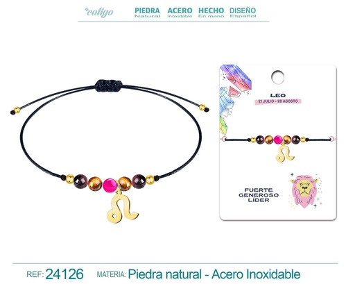 [24126] Pulsera de piedra natural con colgante Leo en acero dorado - Joyería zodiacal