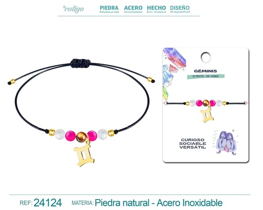 [24124] Pulsera de piedra natural con colgante Géminis en acero dorado - Joyería zodiacal
