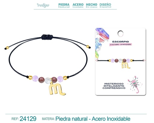 [24129] Pulsera de piedra natural con colgante Escorpio en acero dorado - Joyería zodiacal