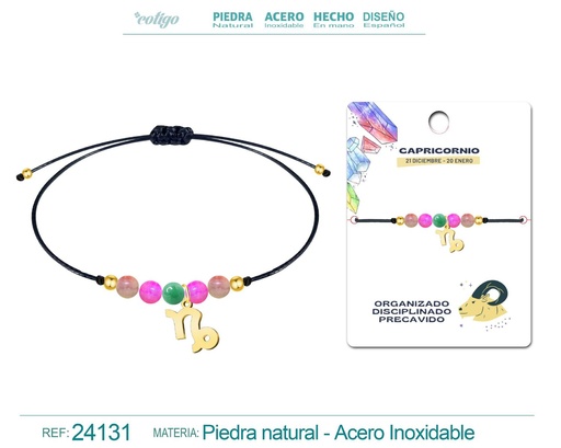 [24131] Pulsera de piedra natural con colgante Capricornio en acero dorado - Joyería zodiacal