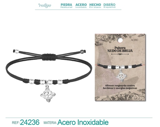 [24236] Pulsera hilo encerado con nudo de bruja de acero plateado - Accesorios de protección