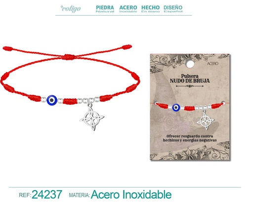 [24237] Pulsera 7 nudos con ojo de turco y nudo de bruja de acero plateado - Joyería y amuletos