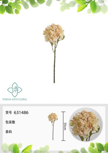 [631486-2BEIGE] Rama de flores artificiales con 12 ramas de hortensia 55 cm - Decoración floral