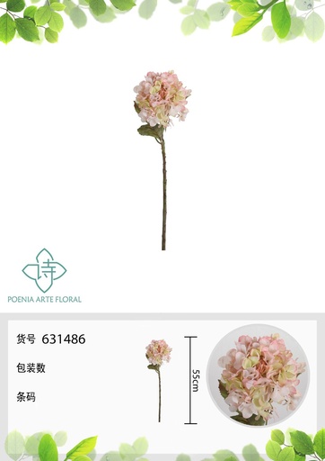 [631486-3ROSA] Rama de flores artificiales con 12 ramas de hortensia 55 cm - Decoración floral