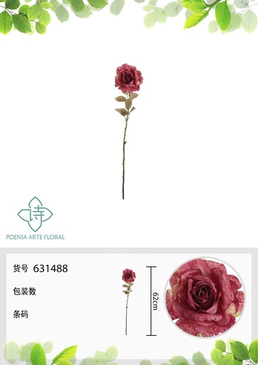 [631488-4ROJO] Rama de flores artificiales con rosa grande sola 62 cm - Decoración floral