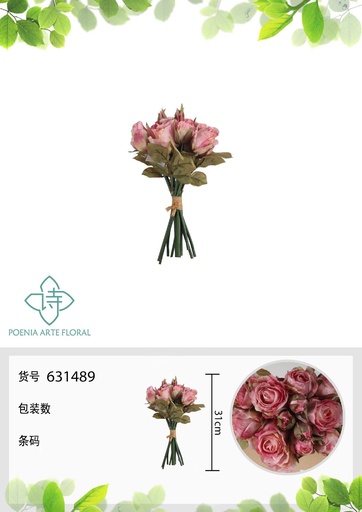 [631489-2ROSA] Rama de flores artificiales con 12 cabezas de rosa alemana de otoño 31 cm - Decoración floral