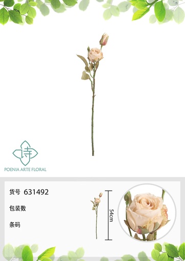 [631492-2BEIGE] Rama de flores artificiales con 2 cabezas de rosa alemana de otoño 54 cm - Decoración floral