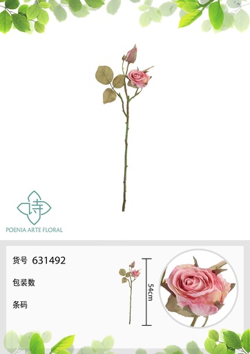 [631492-3ROSA] Rama de flores artificiales con 2 cabezas de rosa alemana de otoño 54 cm - Decoración floral