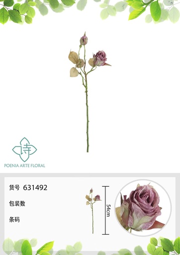 [631492-5LILA] Rama de flores artificiales con 2 cabezas de rosa alemana de otoño 54 cm - Decoración floral