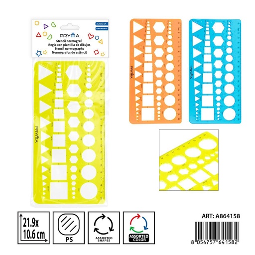 [0238052] Regla con plantilla de dibujos 21.9x10.6cm - Instrumento de medición y dibujo