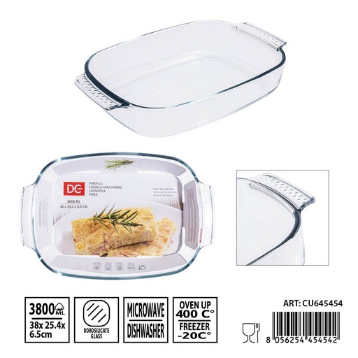 [0239496] Bandeja de cristal con asa 3800 ml 38x25.4x6.5 cm - Utensilios de mesa y bandejas de cristal