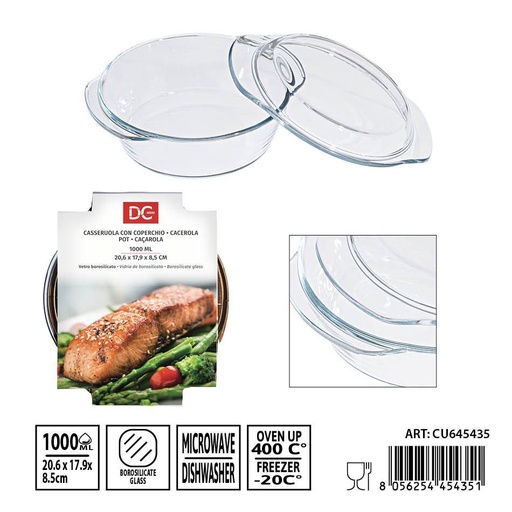 [0239477] Cacerola de vidrio con tapa 1000 ml 20.6x17.9x8.5 cm - Utensilios de mesa y cacerolas de cristal