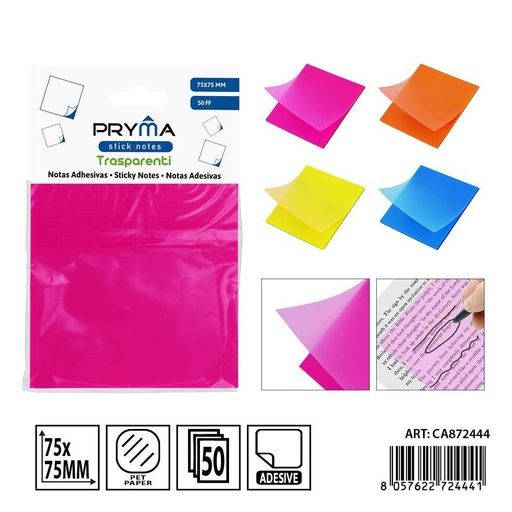 [0240912] Bloque de notas adhesivas transparentes y fluorescentes 50 piezas - Papelería y artículos de oficina