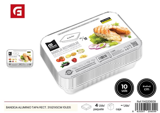 [114220609] Bandeja de aluminio con tapa rectangular 31X21X5CM 10UDS - Utensilios desechables