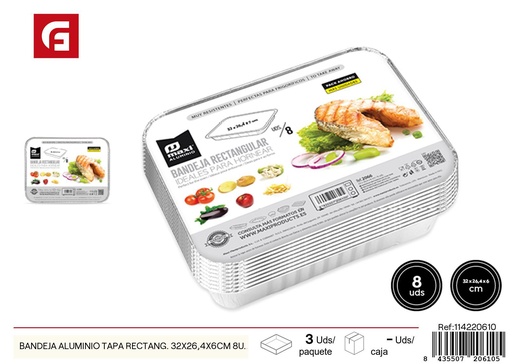 [114220610] Bandeja de aluminio rectangular con tapa 32x26.4x6 cm (8 unidades) - Utensilios desechables